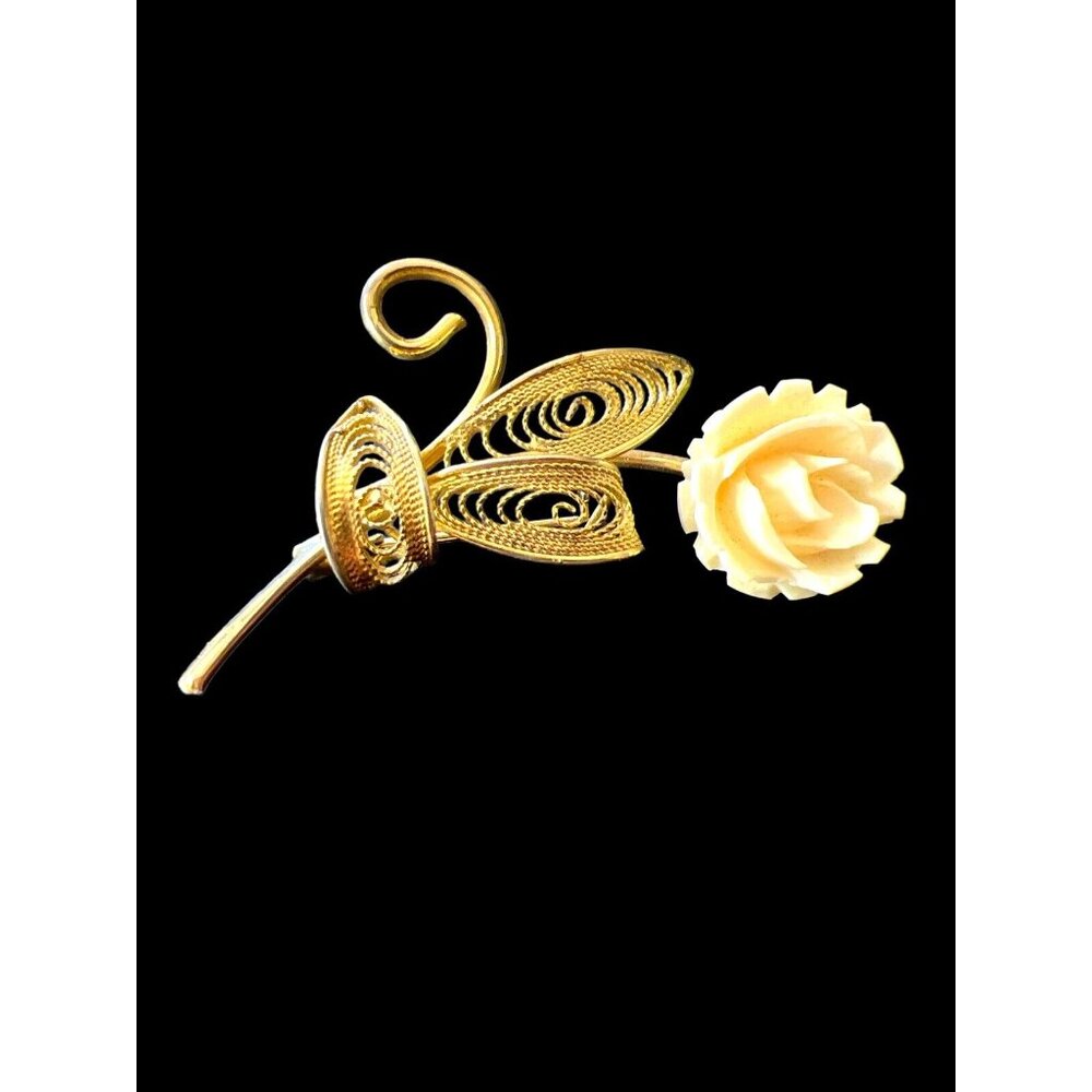 Gold Rose Stem Fancy Pin Brooch with Ivory Colored Rose